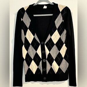 J. Crew 100% Merino Wool Argyle Cardigan Sweater V-neck Black Gray Lightweight M